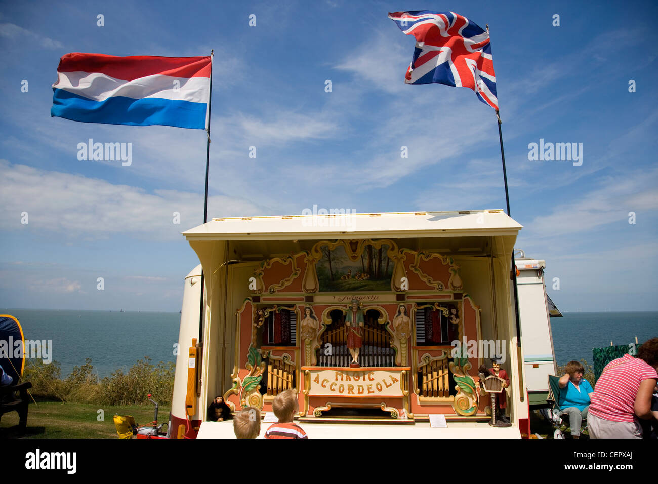 A 41-key Heesbeen 'Magic Accordeola' fair organ by the seafront at a fair in Whitstable. Stock Photo