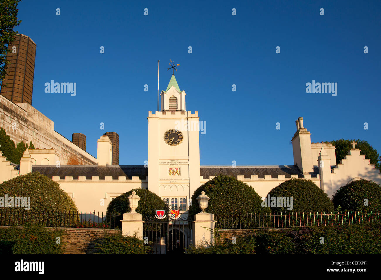 The clock tower at the riverside entrance to Trinity Hospital. The