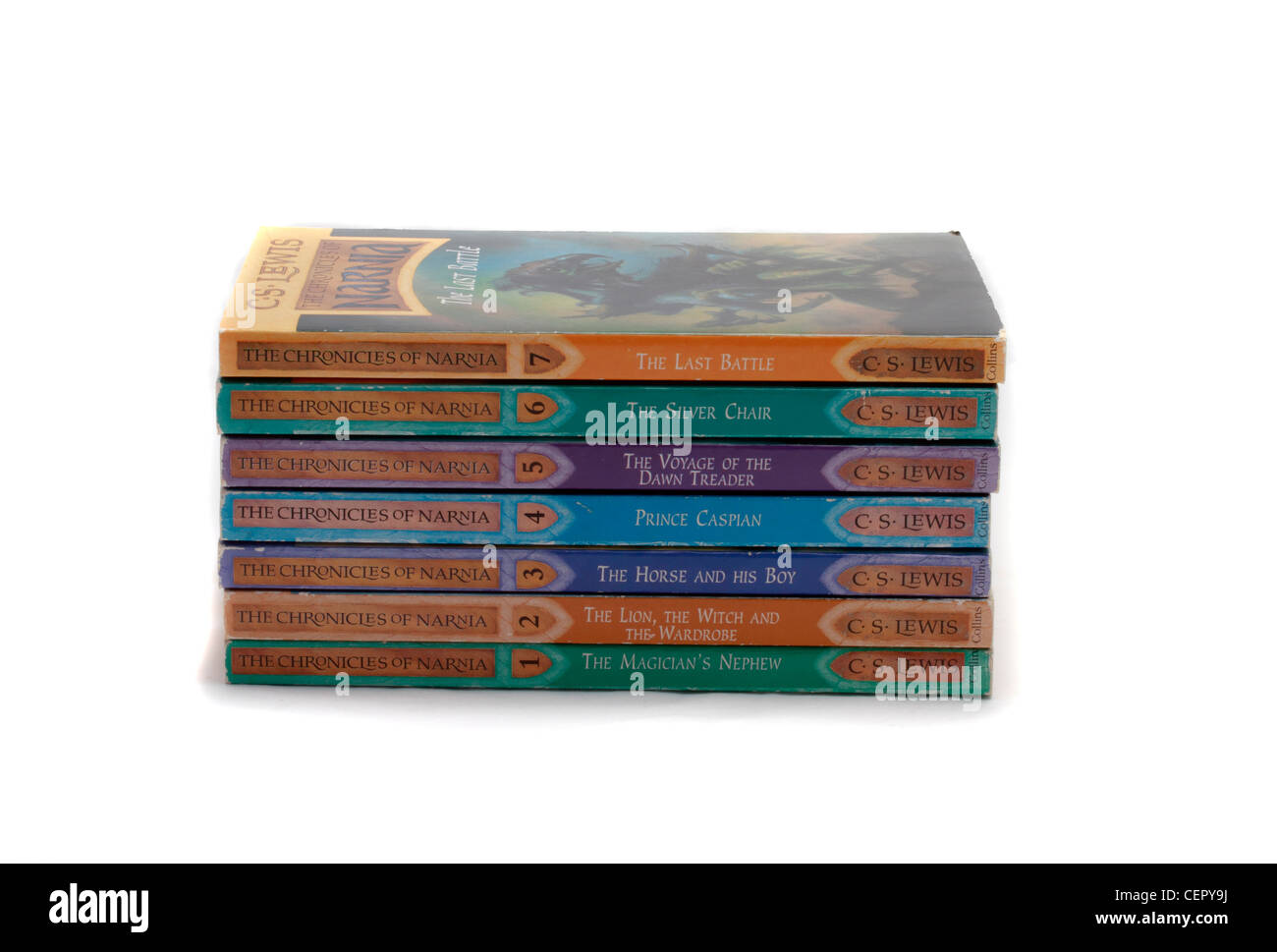 The Narnia series of books by C.S. Lewis, The Magicians Nephew, The Lion the Witch and the Wardrobe, The Horse and his boy, Prince Caspian, The Voyage of the Dawn Treader, The Silver Chair and the Last Battle - the complete series of paperback books Stock Photo