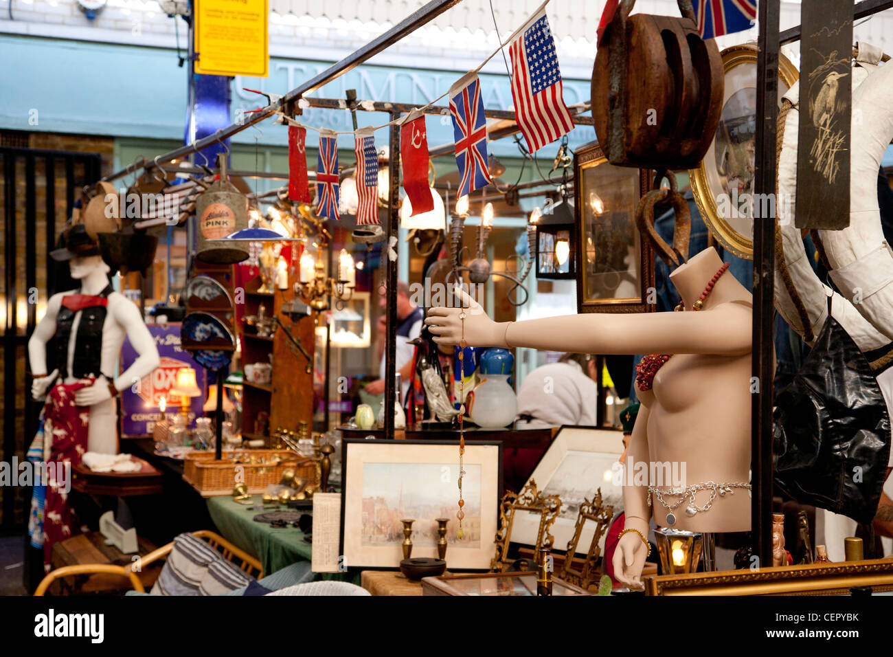Bric-a-brac for sale from a stall at Greenwich Market. Stock Photo
