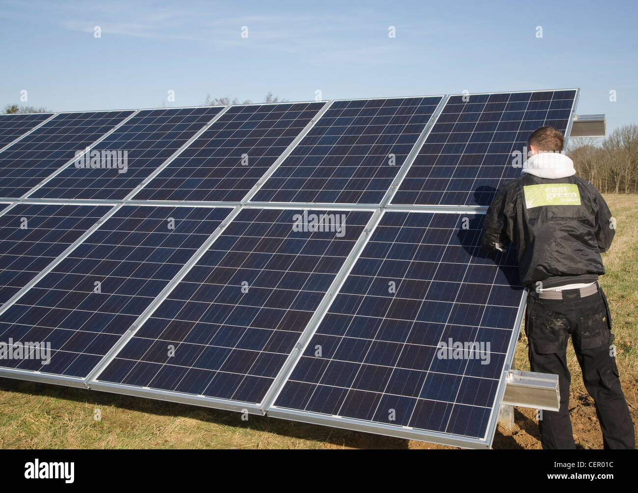 Construction new photovoltaic solar energy array system, Suffolk, England Stock Photo