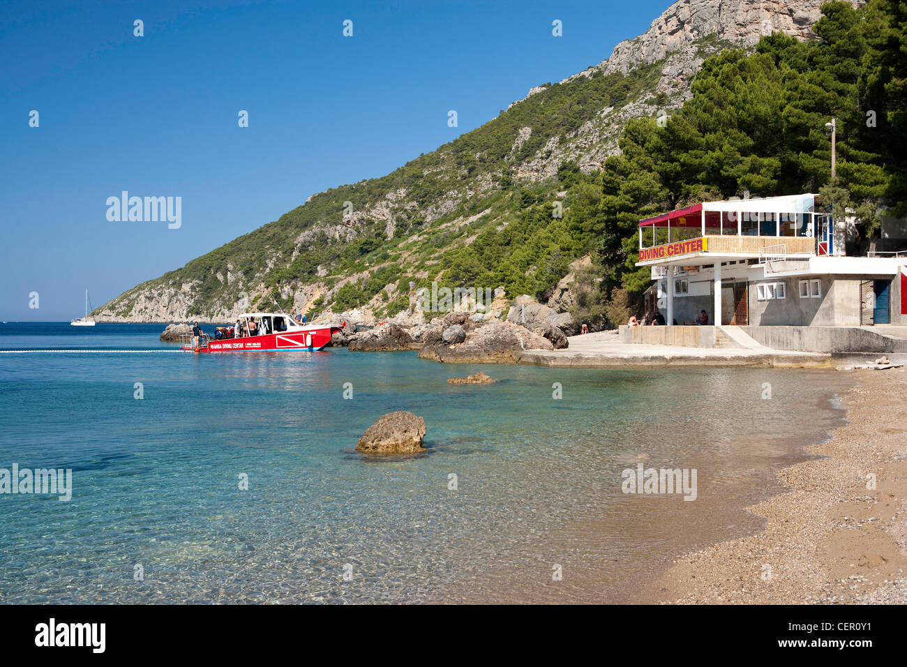 Diving Center at Komiza on Vis Island, Adriatic Sea, Croatia Stock Photo