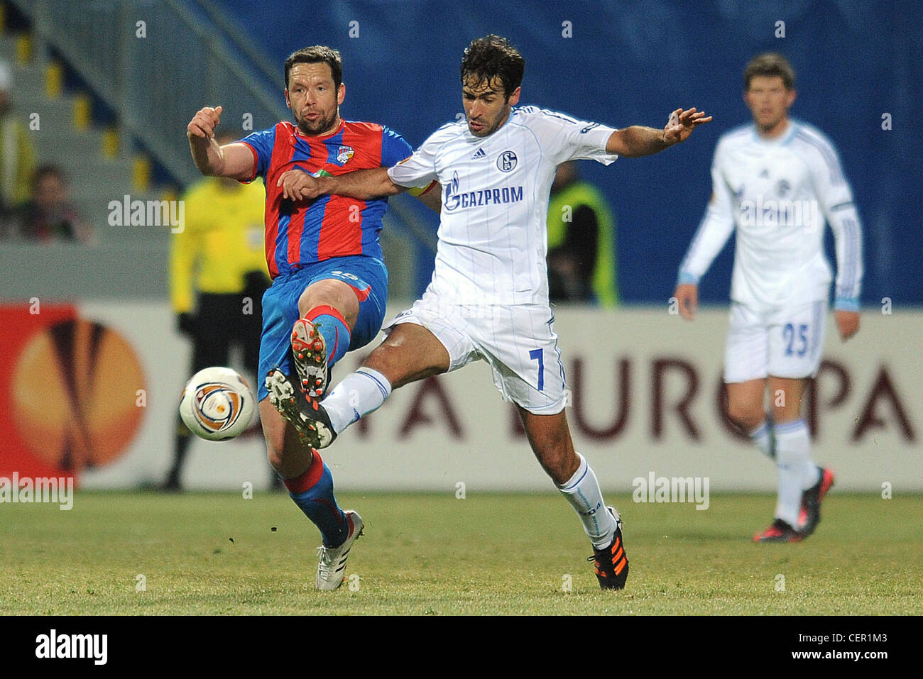 Pavel Horvath from Viktoria Plzen (left) and Raul Gonzalez Blanco during the soccer Europa League, 2nd round match Viktoria Stock Photo