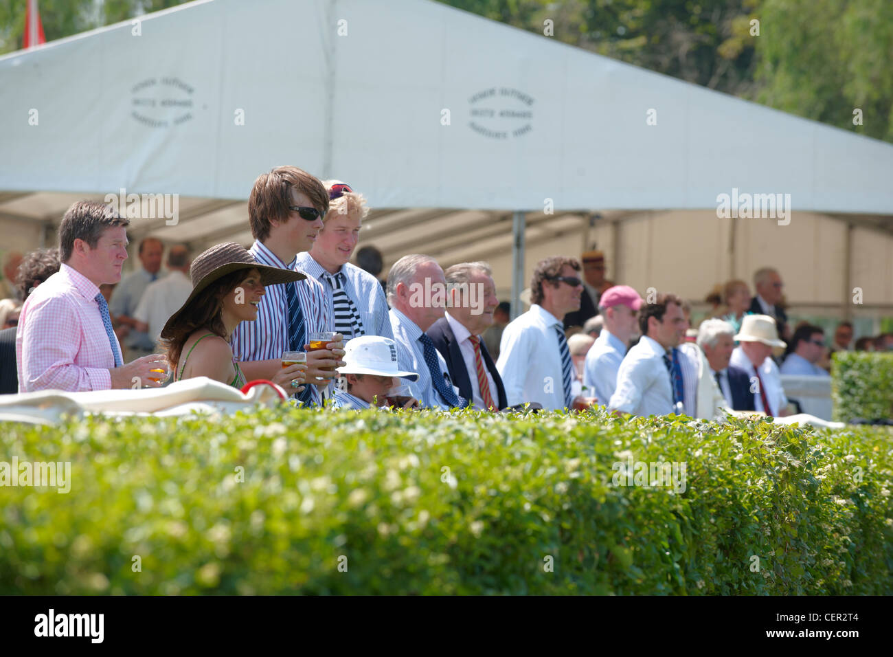Spectators at the riverside by a hospitality marquee watching a race at the annual Henley Royal Regatta. Stock Photo