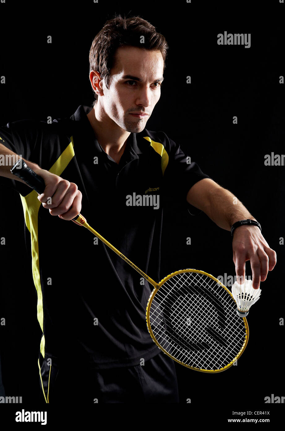Portrait of Nathan Robertson, World champion badminton player, preparing to serve. Stock Photo