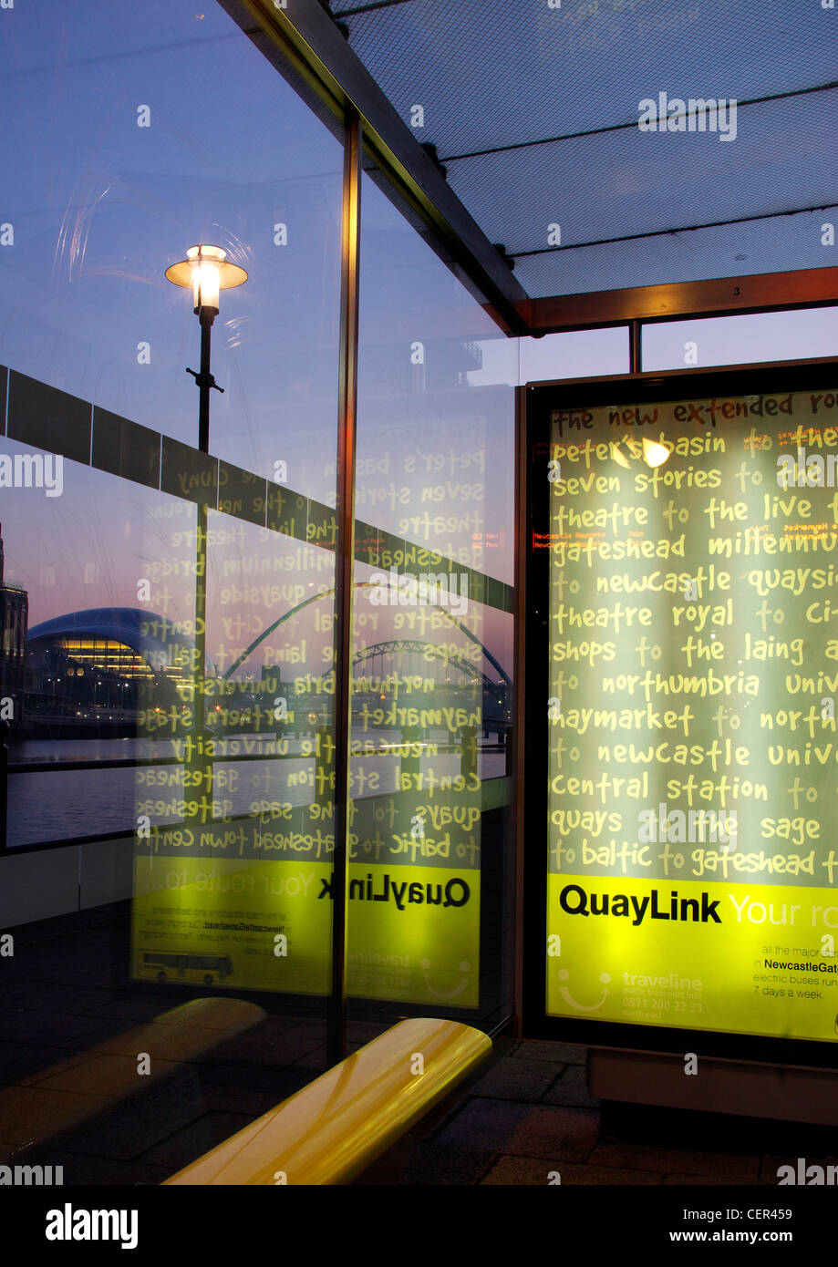 A bus stop on the Newcastle Quayside at night. Stock Photo