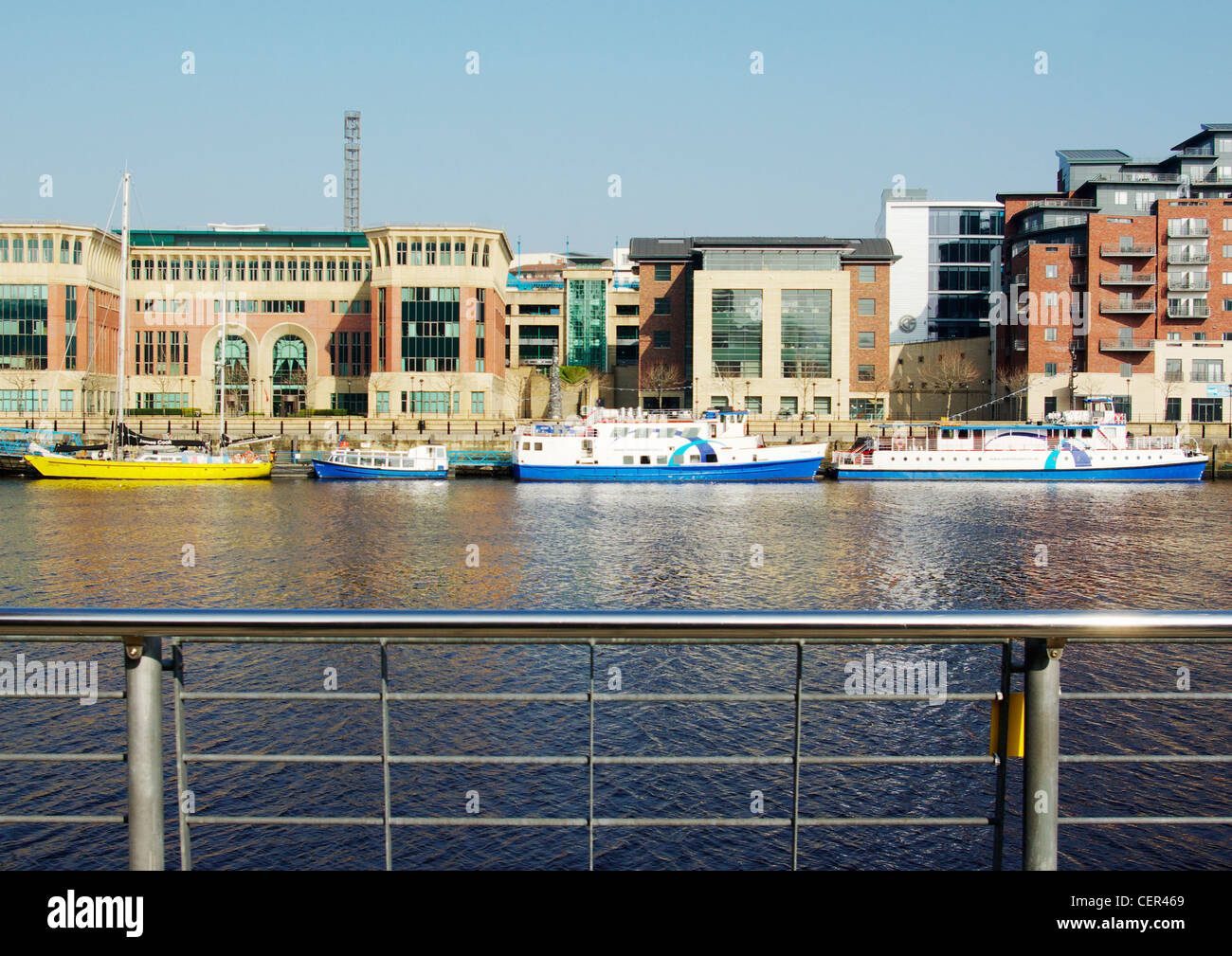 Four boats moored on the Quayside in Newcastle Upon Tyne. Stock Photo