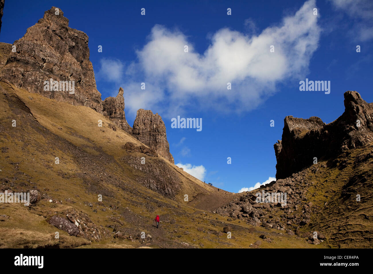 A group of walkers work their way up the Quiraing beneath the Prison on the Trotternish peninsula. Stock Photo