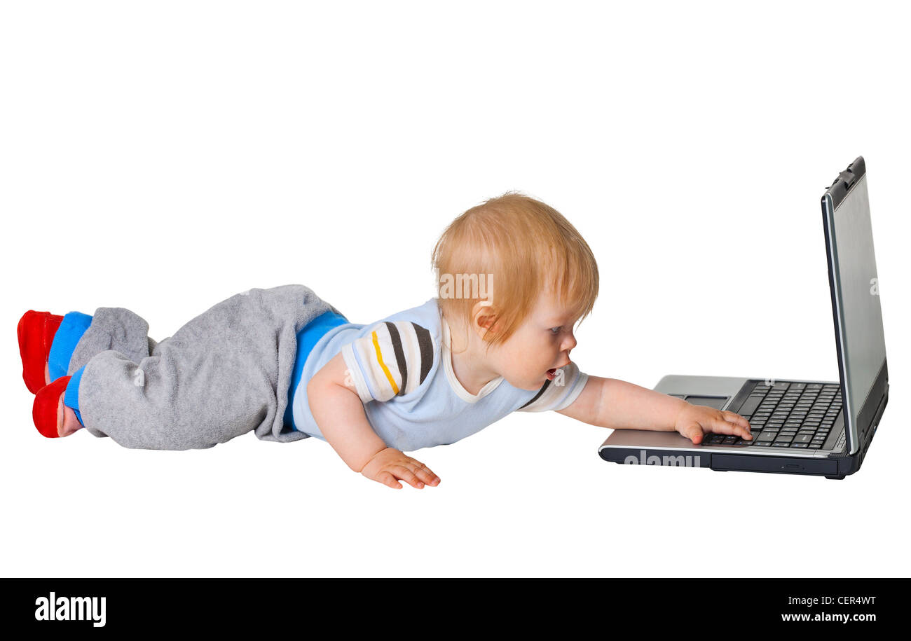 A little boy runs to the computer isolated on white background Stock ...