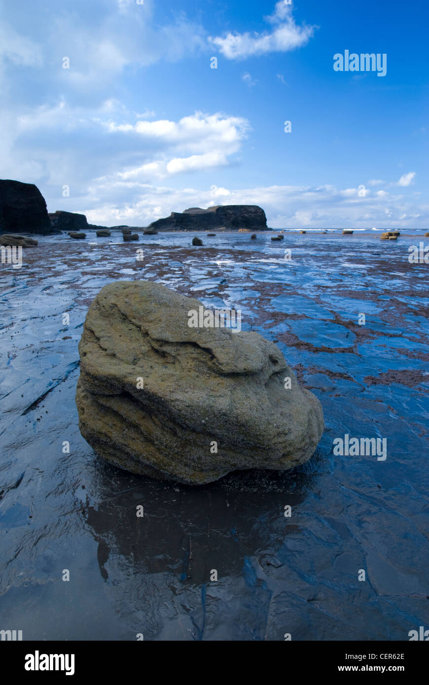 A wave cut platform is revealed at low tide at Saltwick Bay near Whitby. Stock Photo
