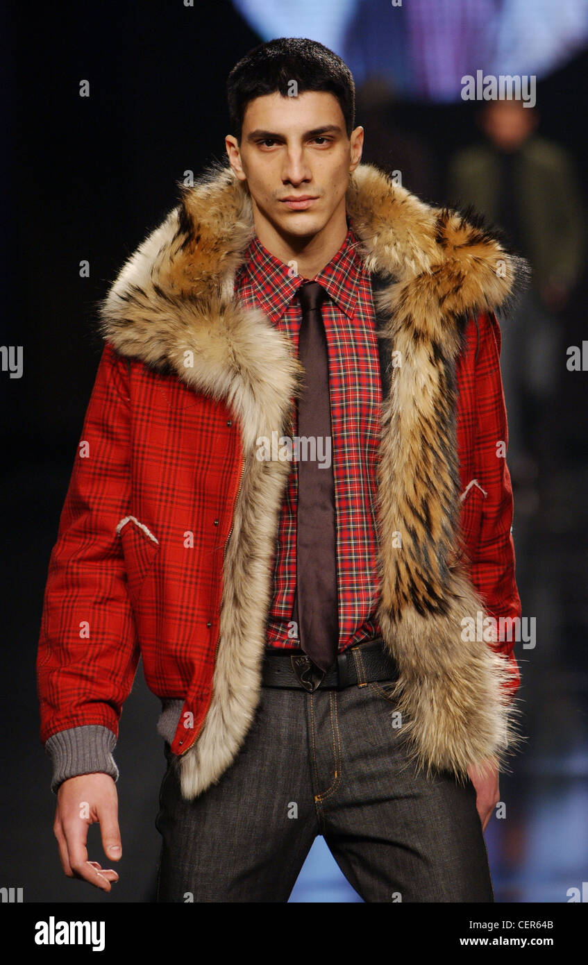 Iceberg Milan Menswear Ready to Wear Autumn Winter Check and fur bomber  jacket with black denims Stock Photo - Alamy