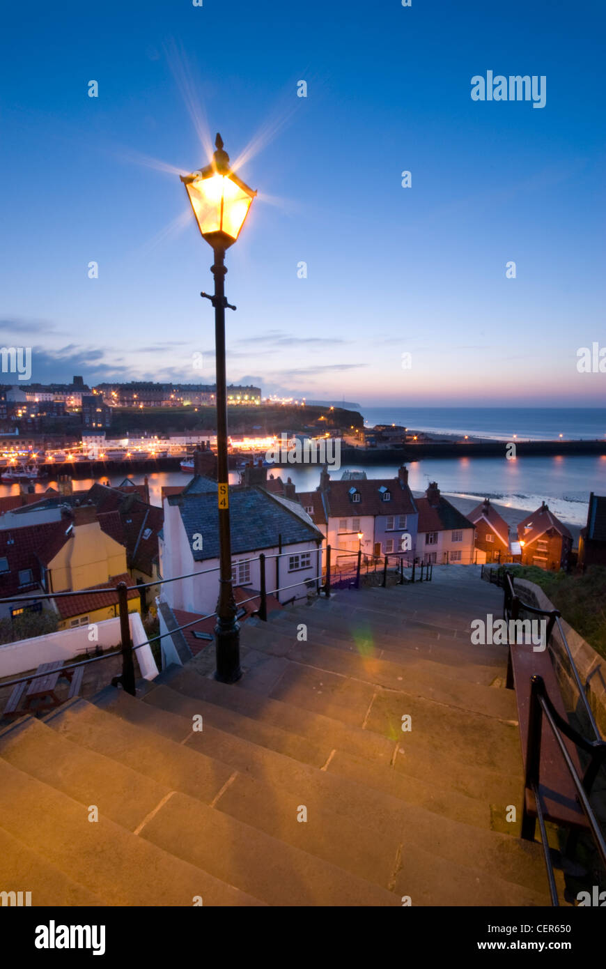 A traditional street light illuminates the 199 steps leading down