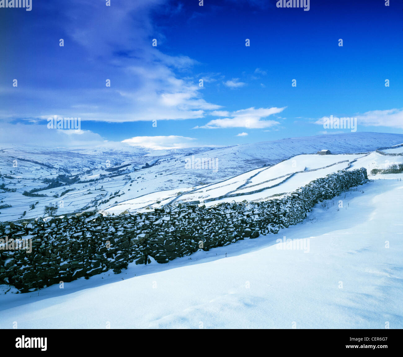 Snow covered fields and dry stone walls in Swaledale near Gunnerside. Stock Photo