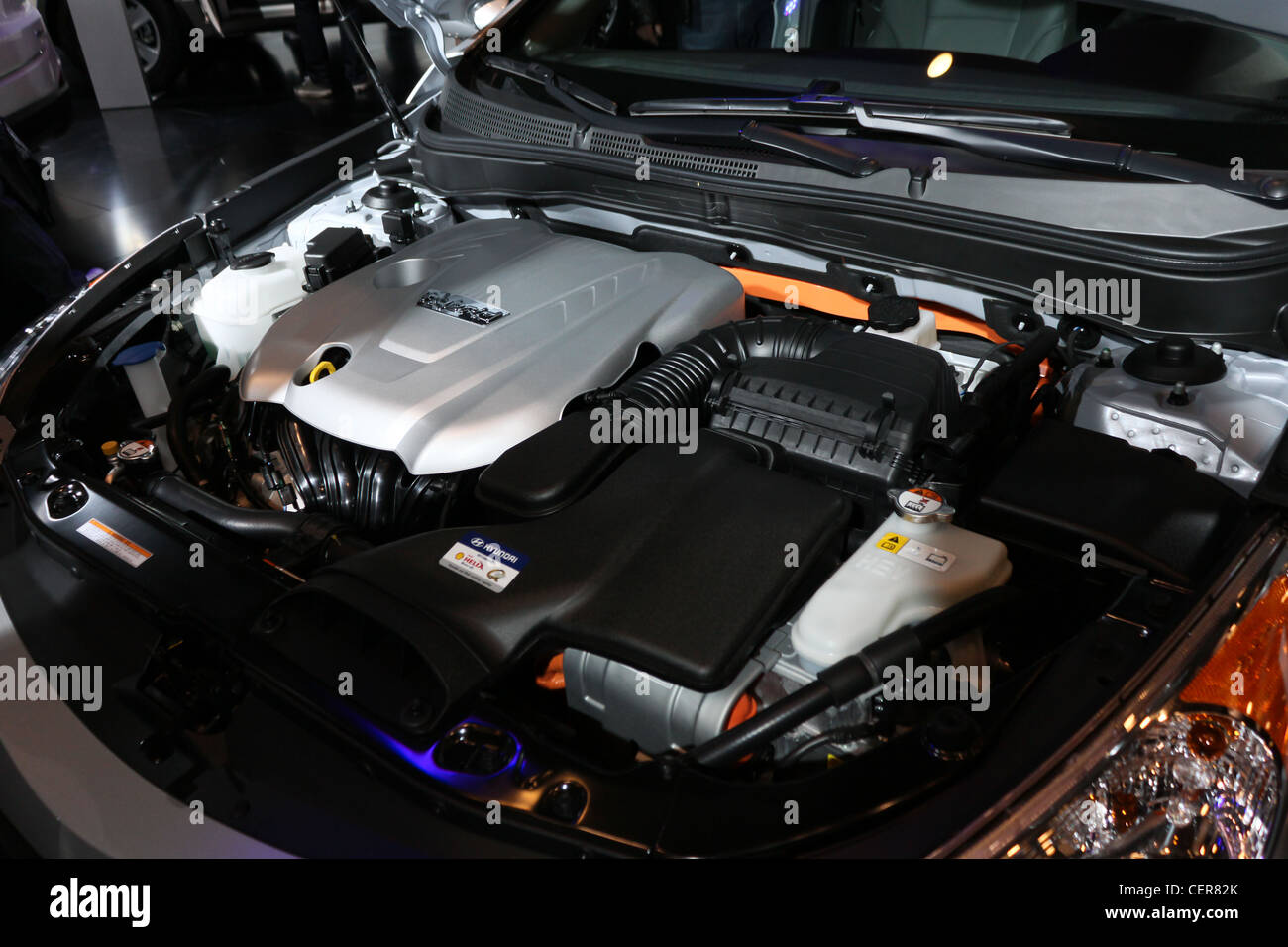 car hood up engine compartment Stock Photo Alamy