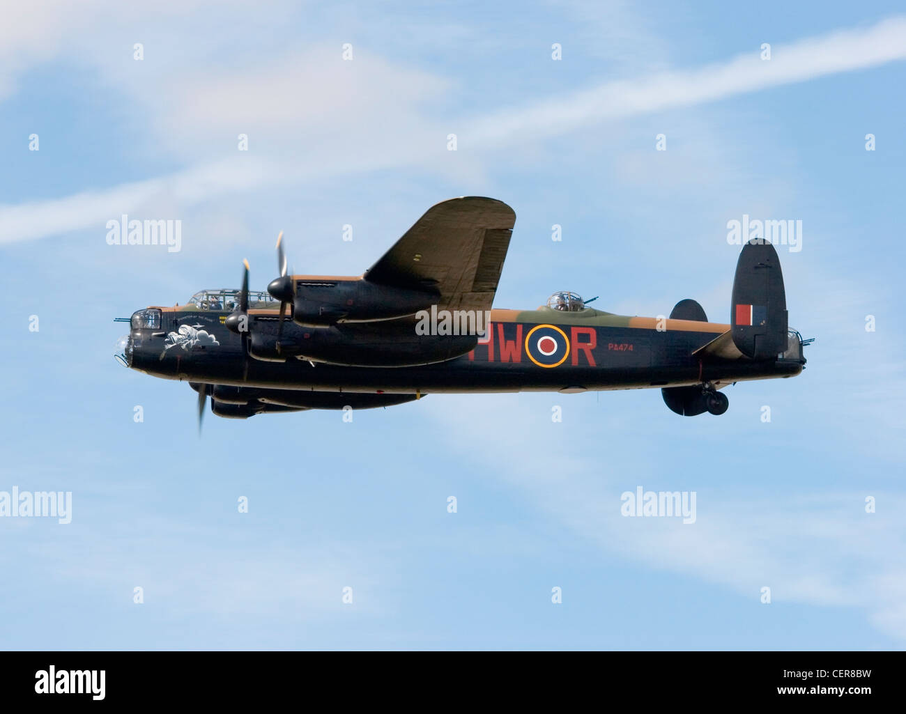 A preserved Royal Air Force Avro Lancaster B1 World War Two heavy bomber aircraft flying at RAF Fairford airbase in Gloucestersh Stock Photo