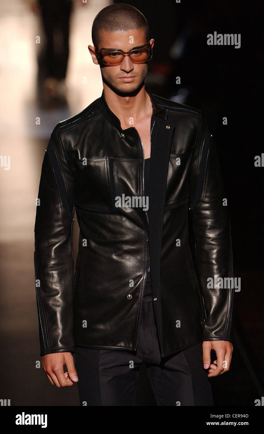 Gianfranco Ferre Milan Menswear S S Shaven head male wearing black leather  jacket Stock Photo - Alamy