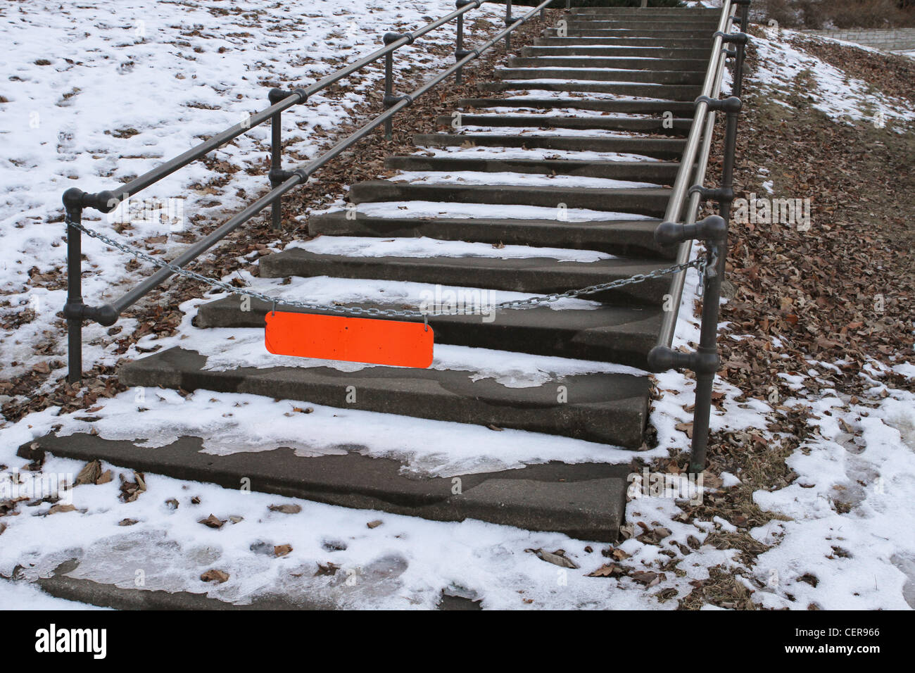 An outdoor staircase that is closed due to ice. Stock Photo