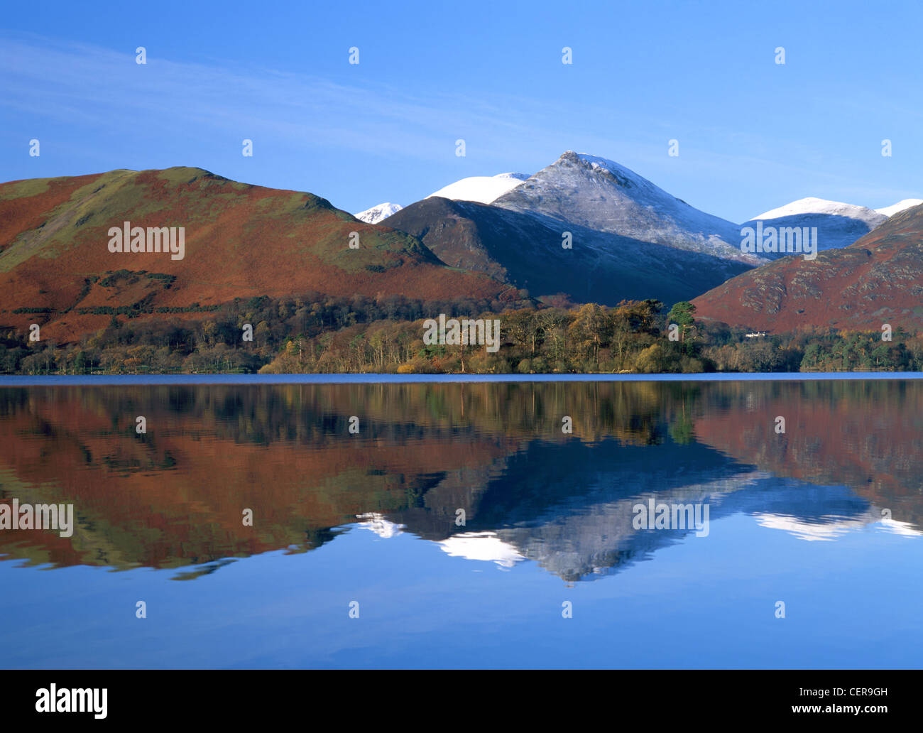 Looking across Derwent Water on a calm day. Derwent Water is one of the principal bodies of water in the Lake District. Stock Photo