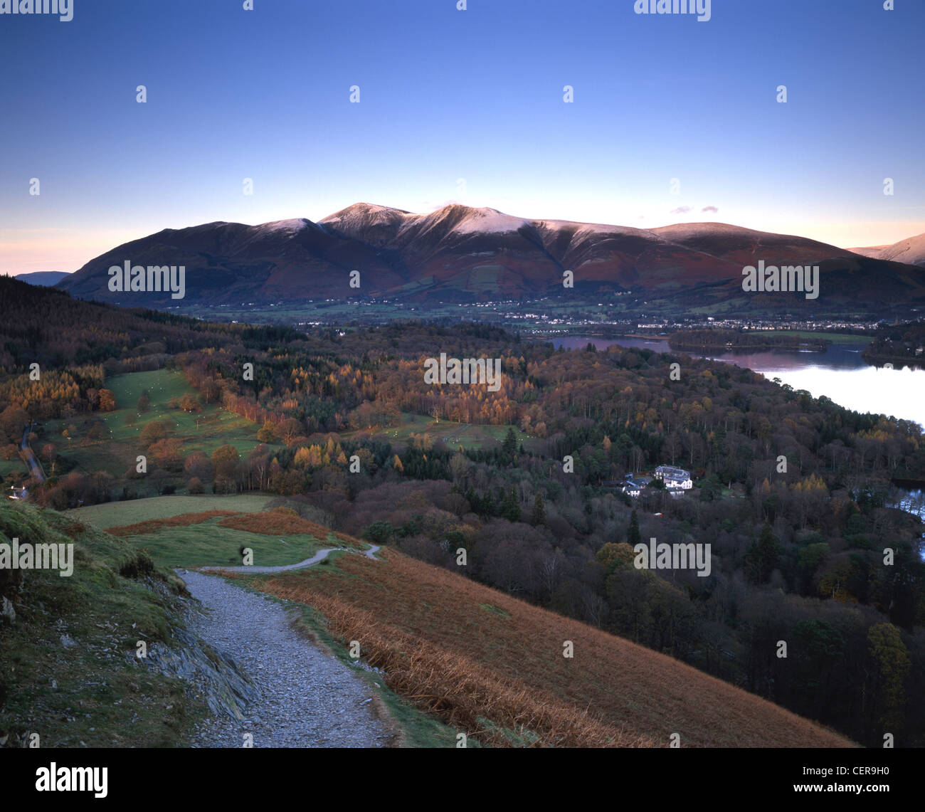 The path that descends Catbells offers grand views over to Skiddaw and Derwent Water. Derwent Water is one of the principal bodi Stock Photo