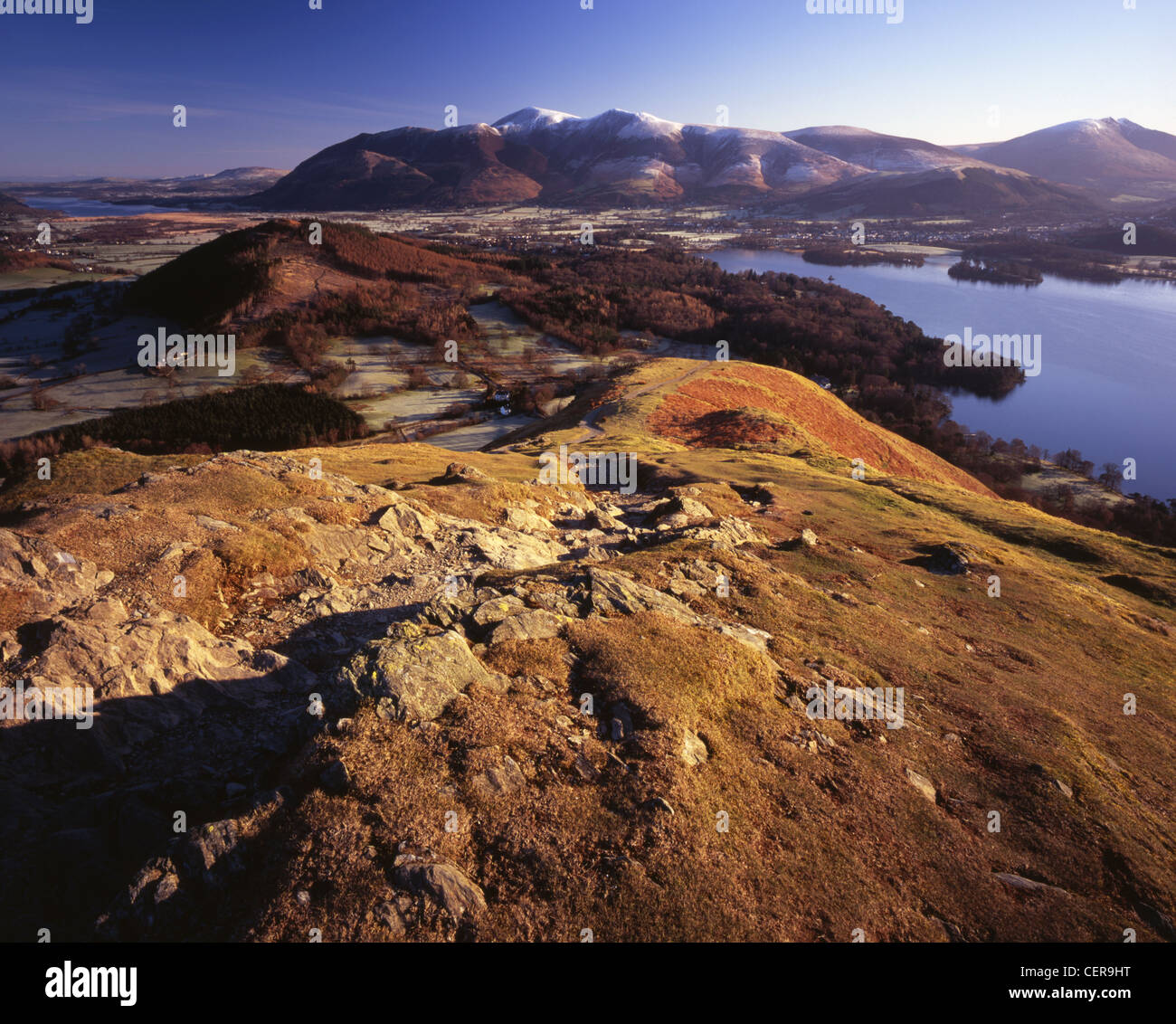 The ridge of Catbells offers magnificent views of Derwent Water, Keswick, Skiddaw, Blencathra and Bassenthwaite. Derwent Water i Stock Photo