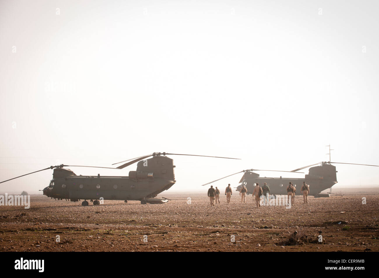 RAF Chinook helicopters on maneuvers in Moroccan desert, training for deployment to Afghanistan. Stock Photo