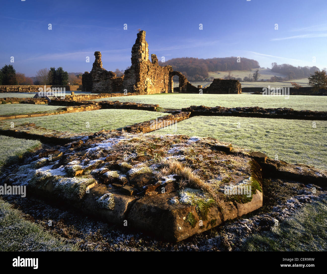 Cistercian Abbey. Frost covers the ruins of the  abbey at Sawley near Clitheroe. Stock Photo