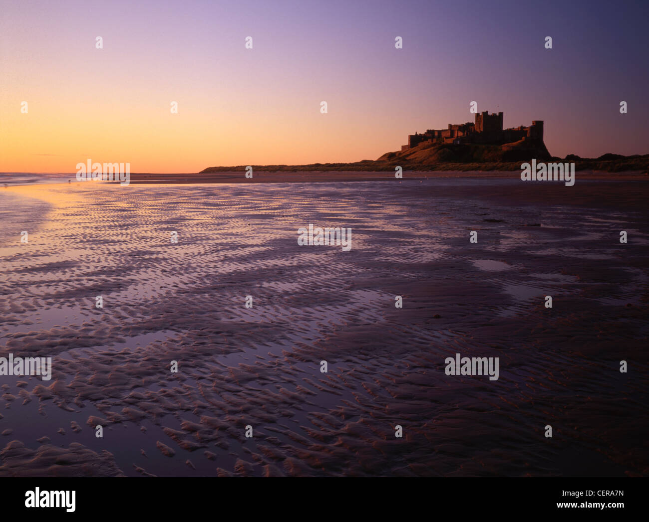 Bamburgh Castle at dawn from the magnificent wide beach. Built on a basalt outcrop, the first written reference to it is in 547 Stock Photo