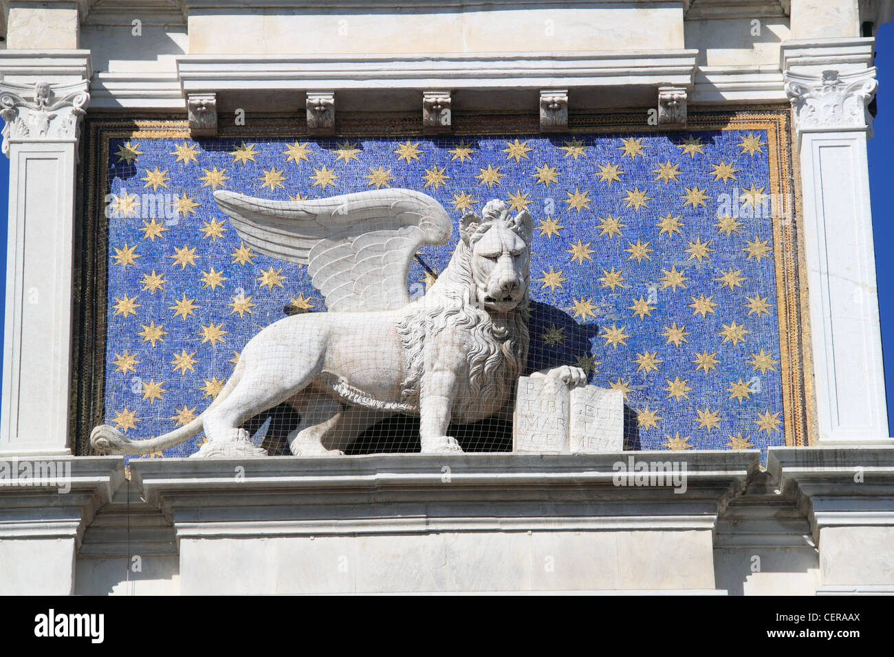Detail of  the Winged Lion of St Mark on the Clocktower, St Mark's Square, Venice, Veneto, Italy, Adriatic Sea, Europe Stock Photo