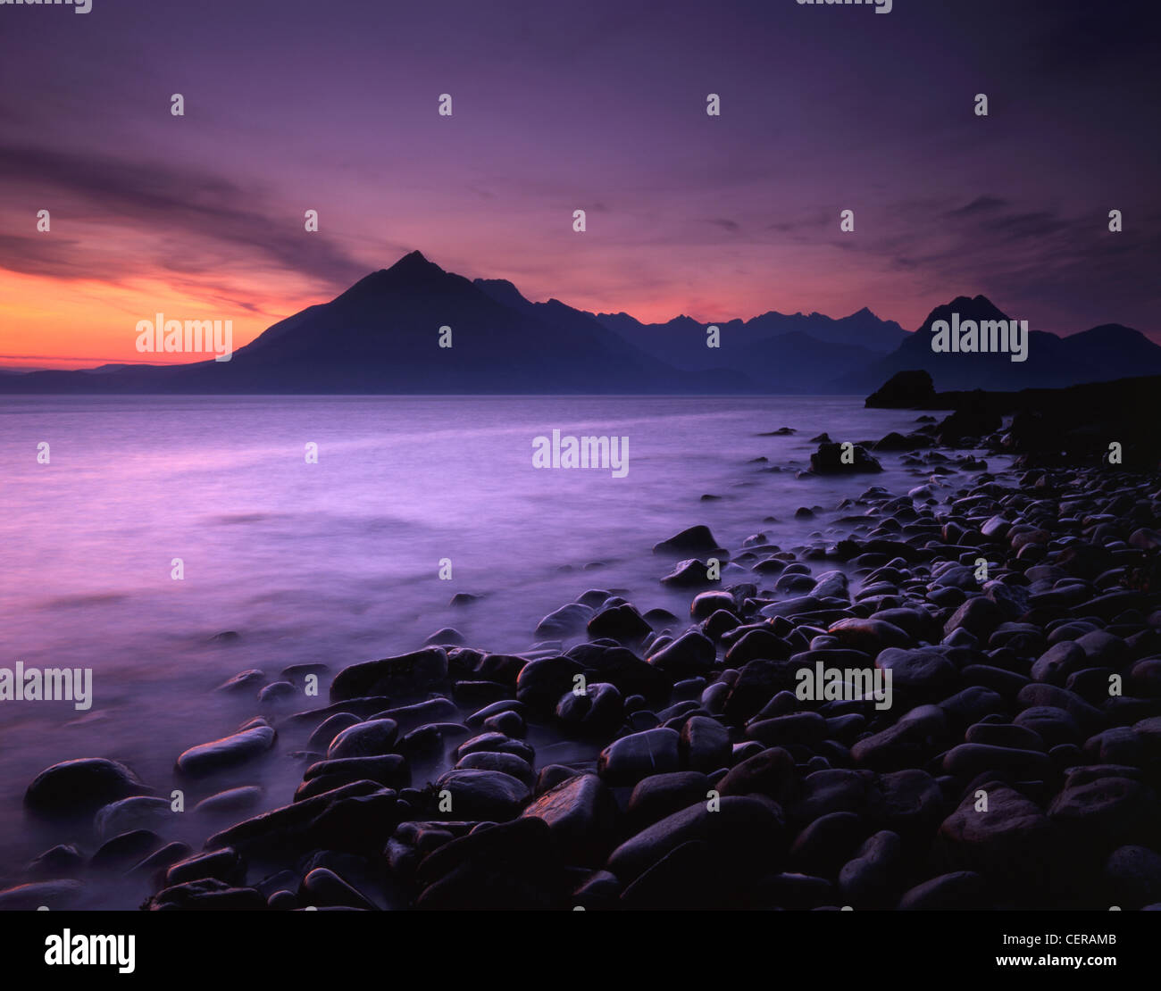 The beach at Elgol. It offers one of the finest views in the country towards the jagged ridge of the Cuillin range. Stock Photo