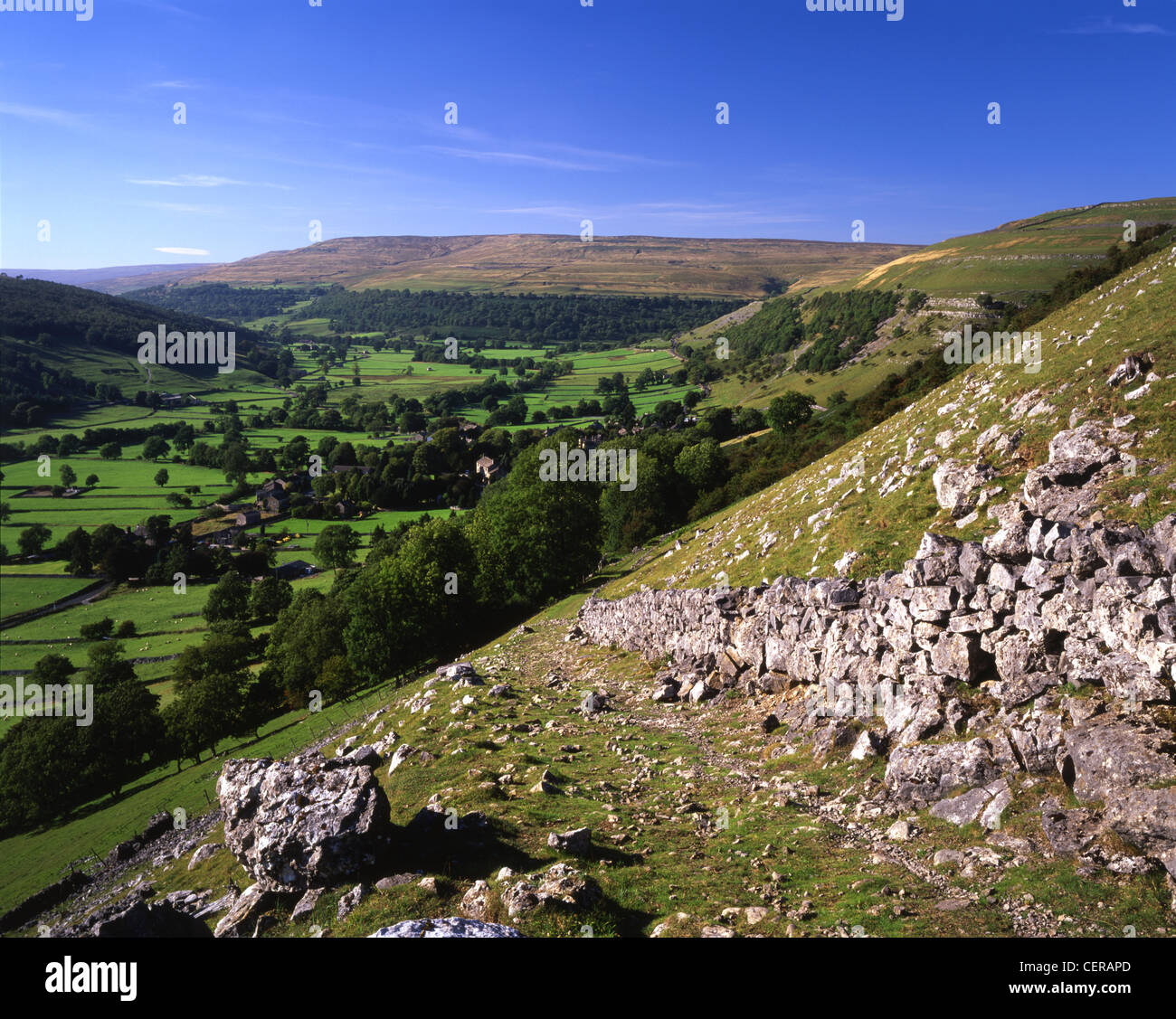 The view of Upper Wharfedale from above Buckden on the millennium path. The resting place of the ashes of the writer and playwri Stock Photo