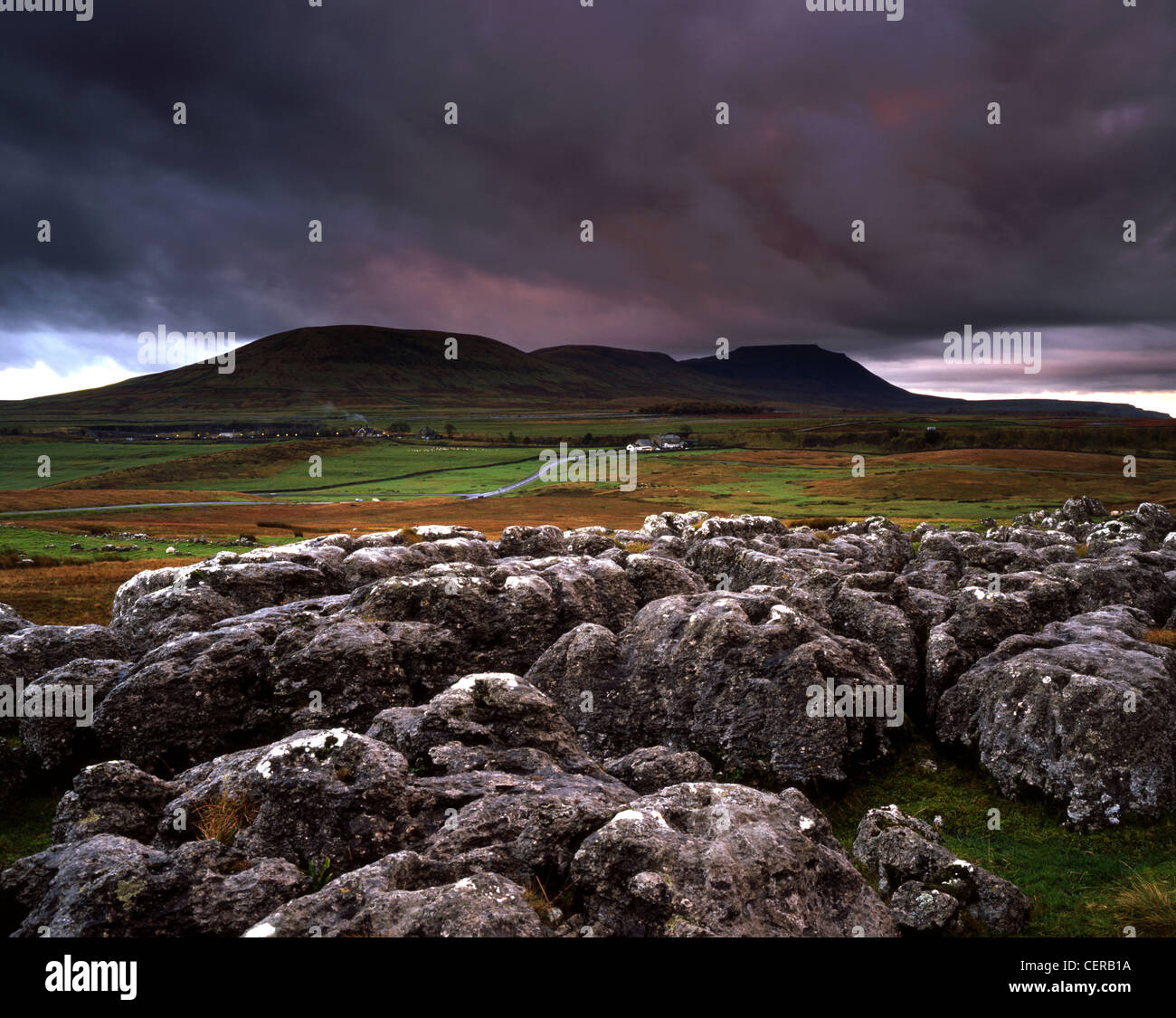 The Station Inn in the distance at Ingleborough. Ingleborough is one of the famous Three Peaks of the Yorkshire Dales, Simon Fel Stock Photo