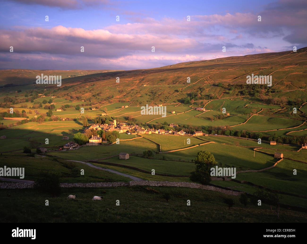 A view of Muker. The picture is taken from Kisdon Hill in Upper Swaledale which lies within the Yorkshire Dales National Park. Stock Photo