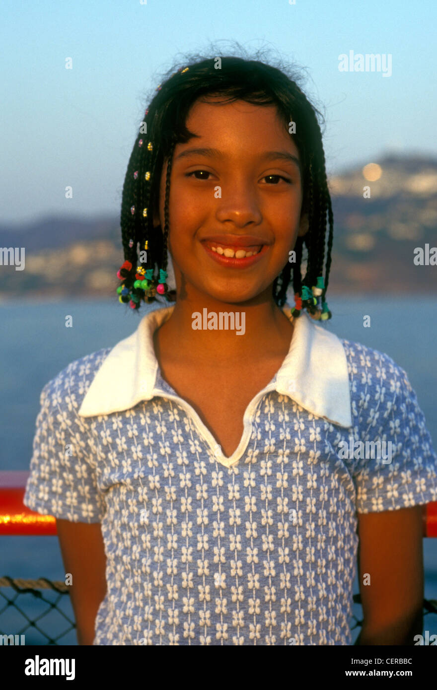 1, one, girl, young girl, boat cruise, eye contact, front view, head and shoulders portrait, Acapulco Bay, Acapulco, Guerrero State, Mexico Stock Photo
