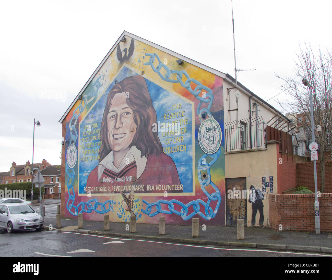dead hunger striker Bobby Sands on a nationalist mural off the falls road in west belfast northern ireland Stock Photo