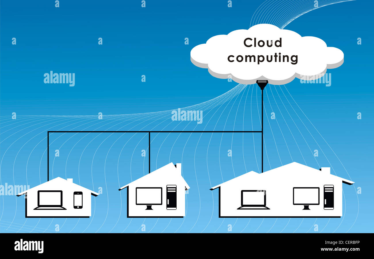 cloud computing application diagram on blue background Stock Photo