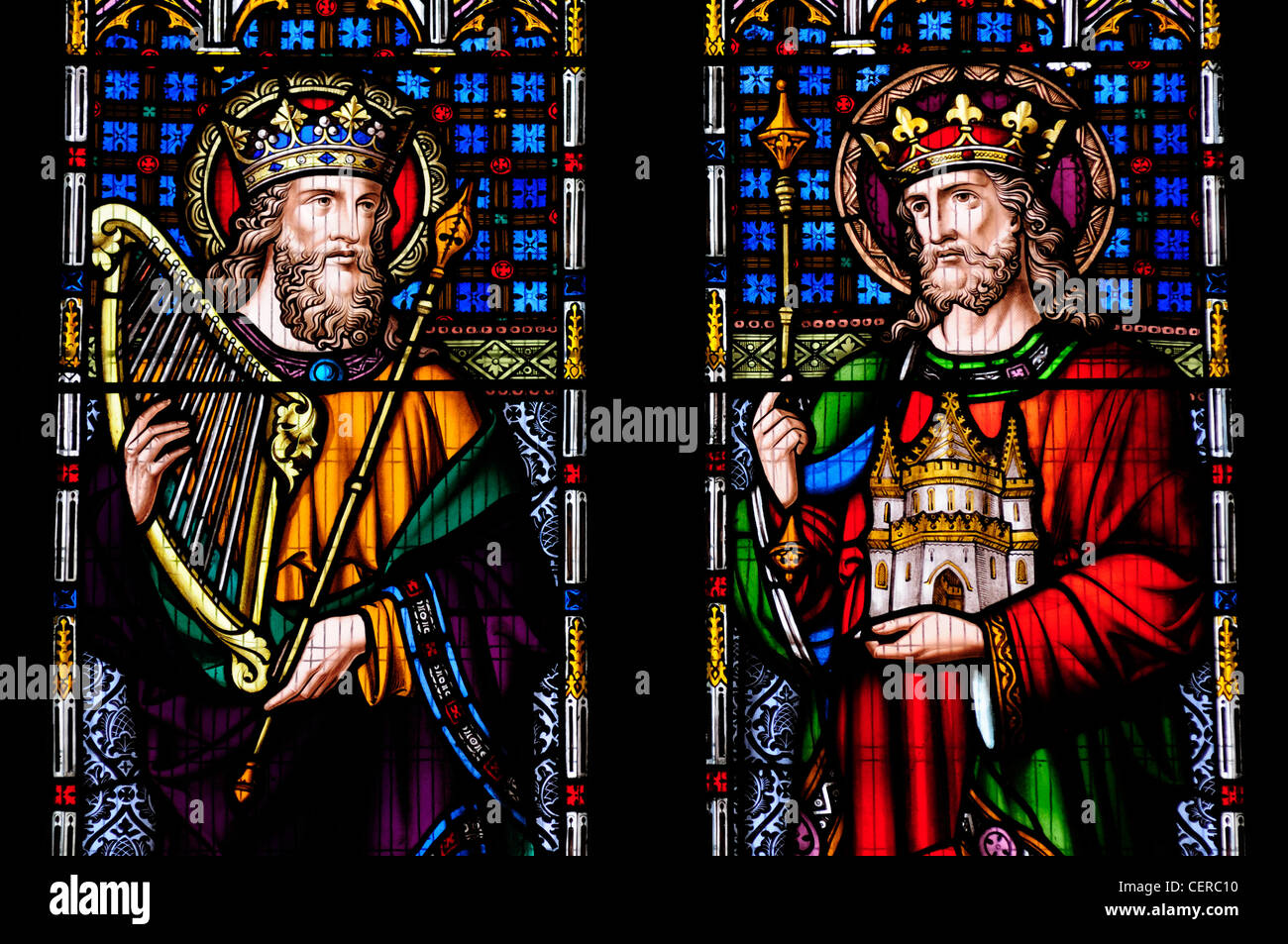 King David and King Solomon featured in a stained glass window in Peterborough Cathedral. Stock Photo