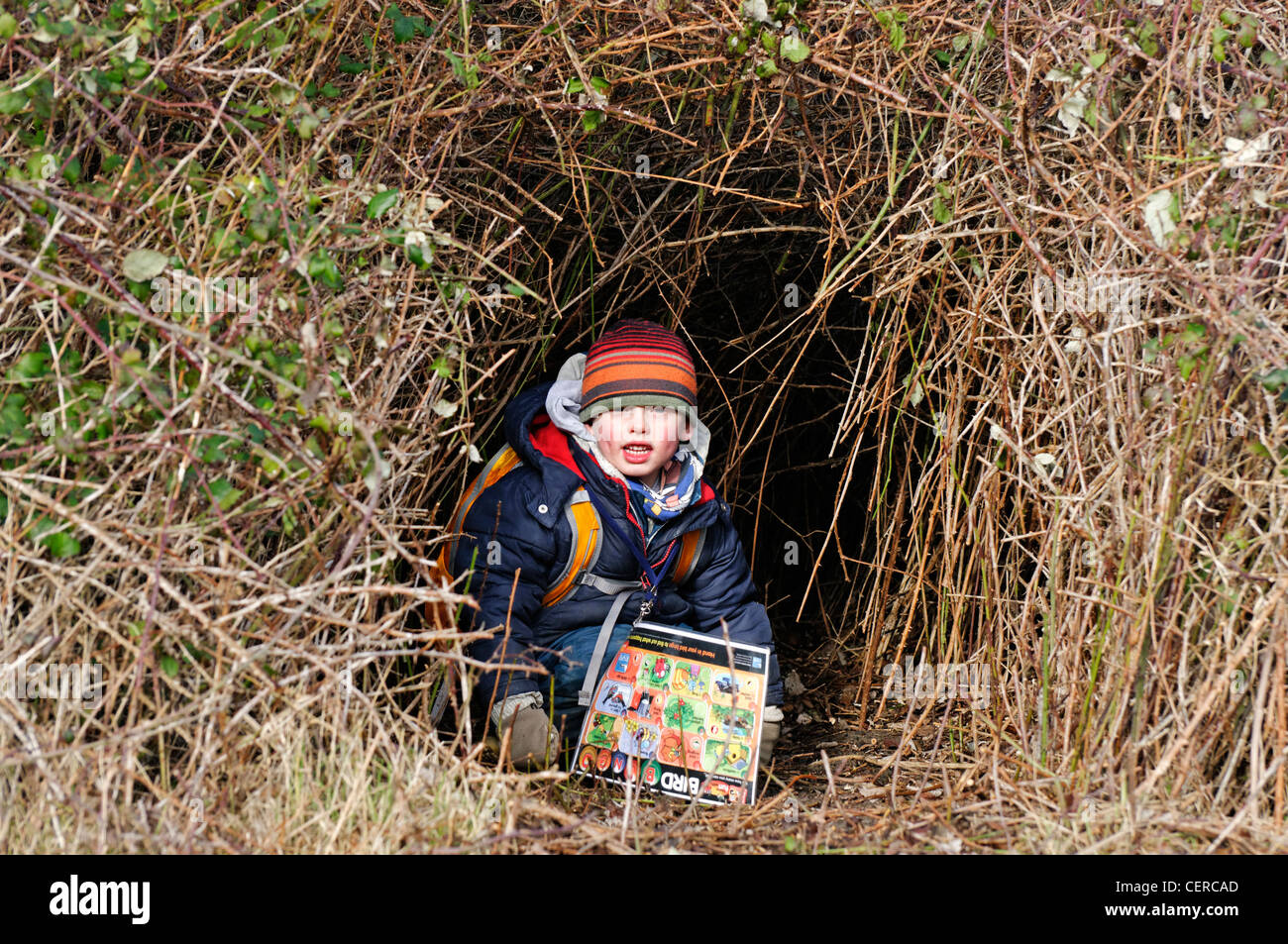 A boy hiding in a hole in a hedge Stock Photo
