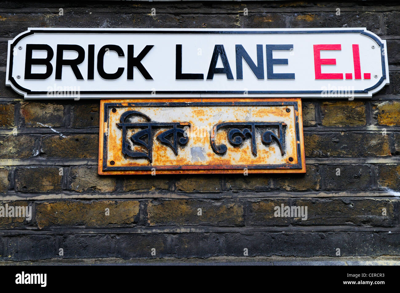 Bilingual Brick Lane E1 Street Sign. Stock Photo