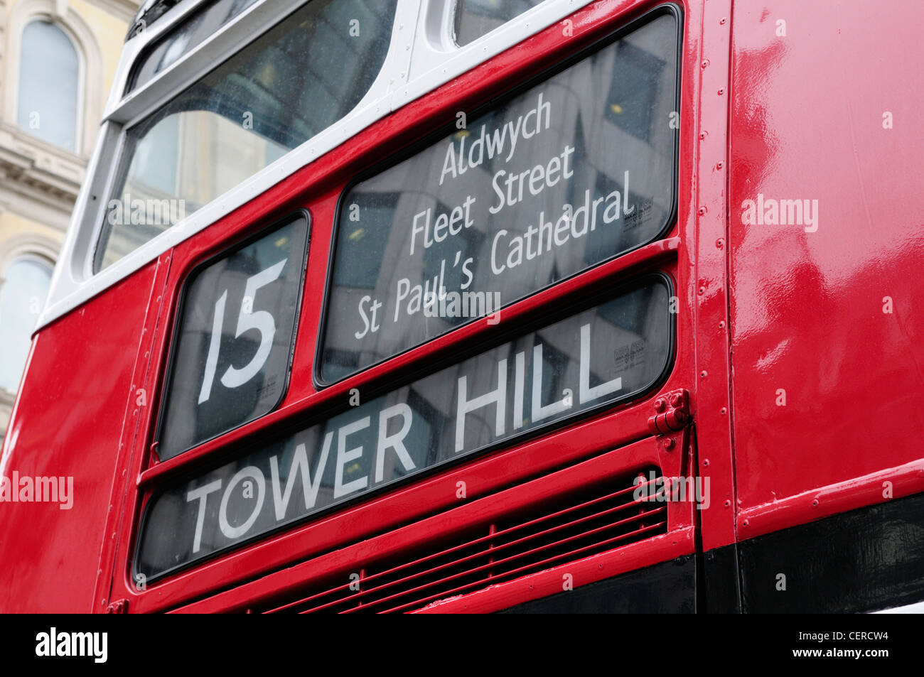 A Routemaster London bus on heritage route 15 between Trafalgar Square and Tower Hill. Stock Photo