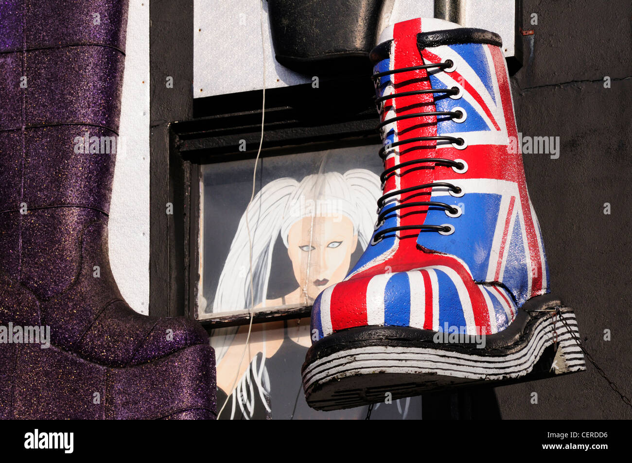 A large model of a Union Jack Dr Martens boot above a shop in Camden High Street. Stock Photo