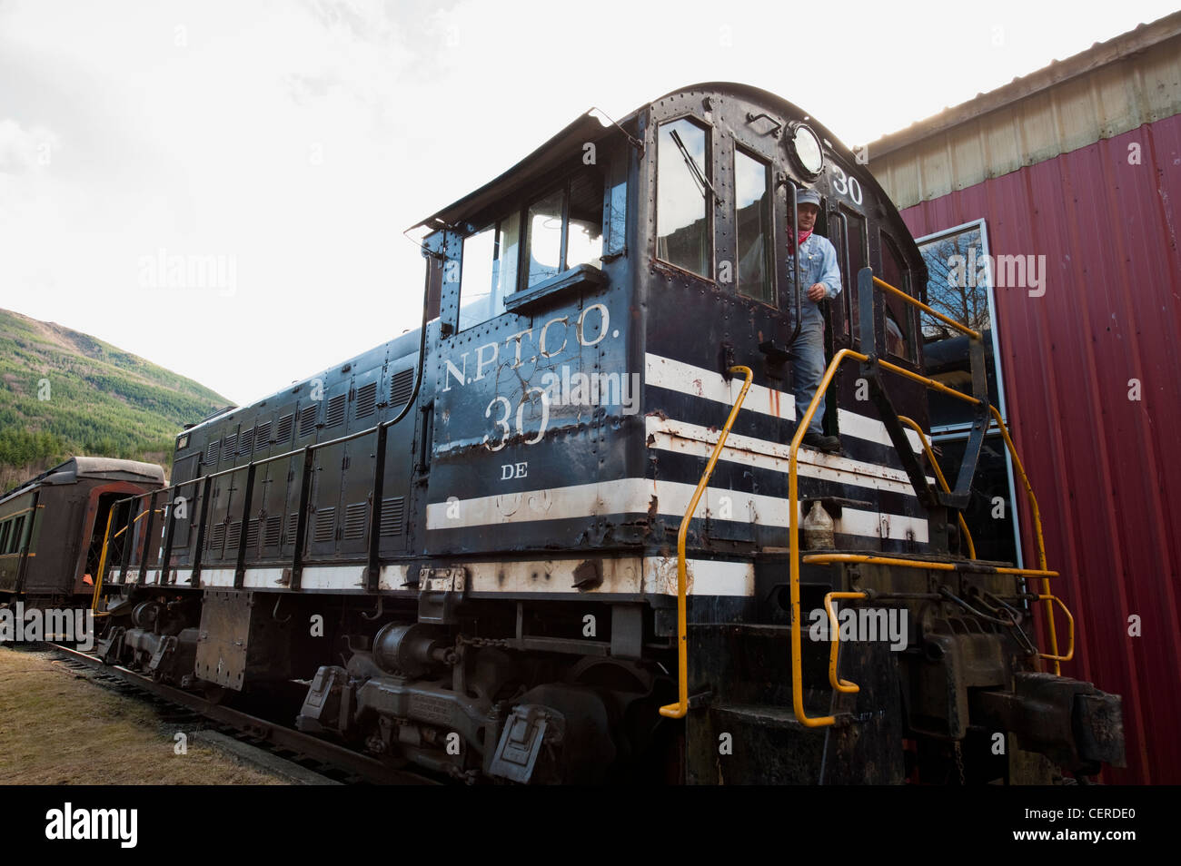 An old diesel locomotive run by the Lake Whatcom Railway out of Wickersham, Washington, USA. Stock Photo