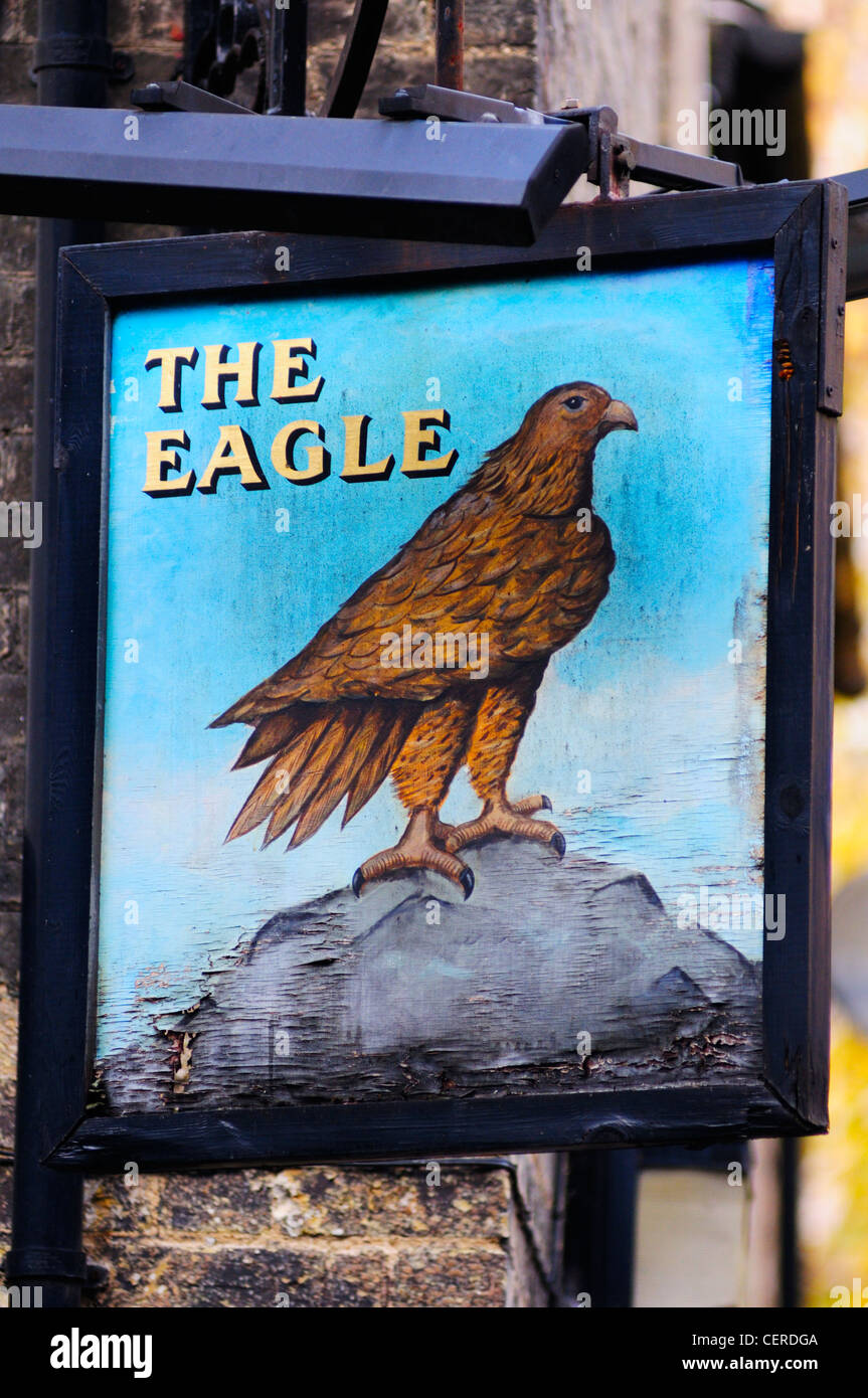 The Eagle pub sign in Bene't Street. The pub was originally opened in 1667 as the Eagle and Child. Stock Photo
