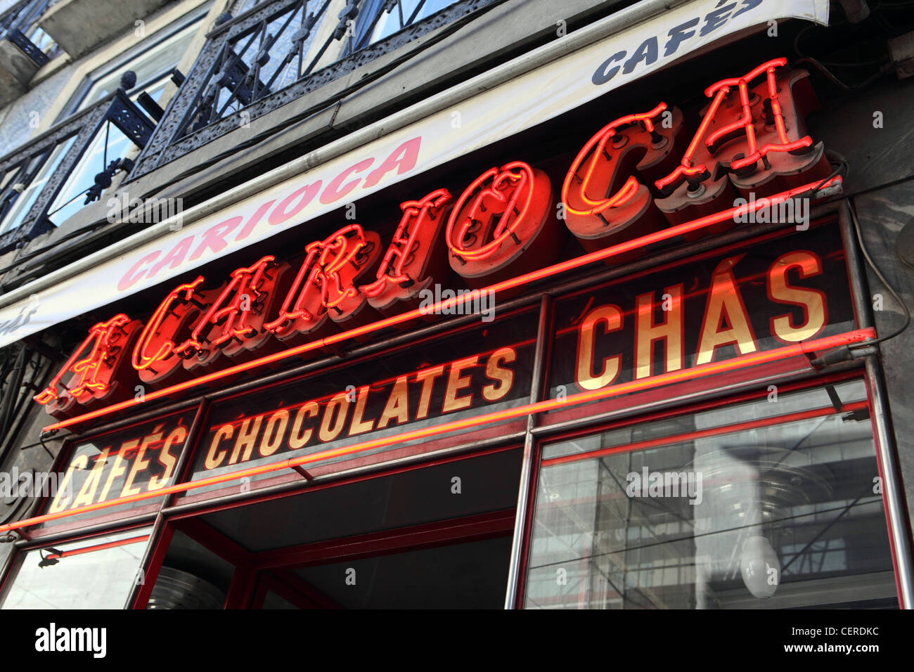 Red neon sign A Carioca, Cafe, Chocolate, Lisbon, Portugal. Stock Photo