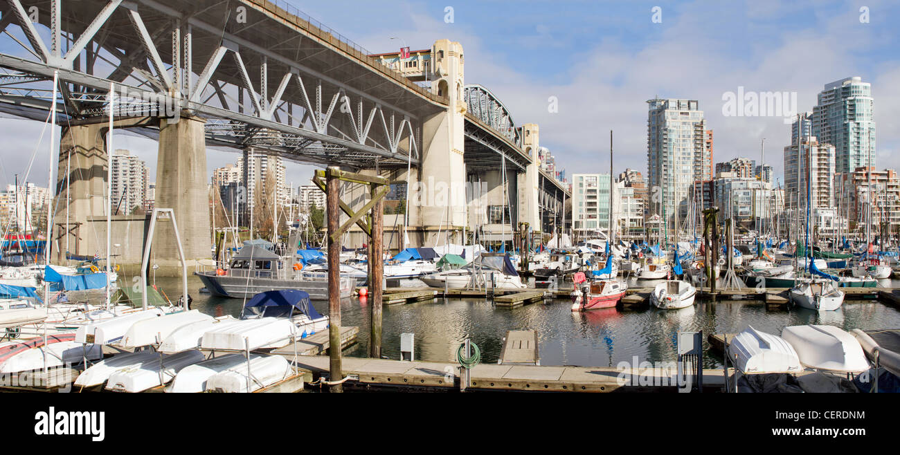 Marina Under the Burrad Bridge in Granville Island in Vancouver BC Canada Stock Photo