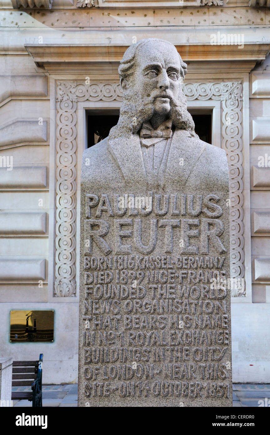 Statue of Paul Julius Reuter, founder of the Reuters news agency in Royal Exchange Avenue. Stock Photo