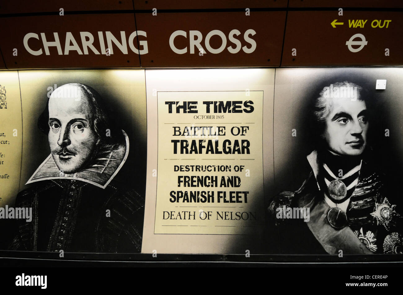 Portraits of Nelson and Shakespeare at Charing Cross Underground station. Stock Photo