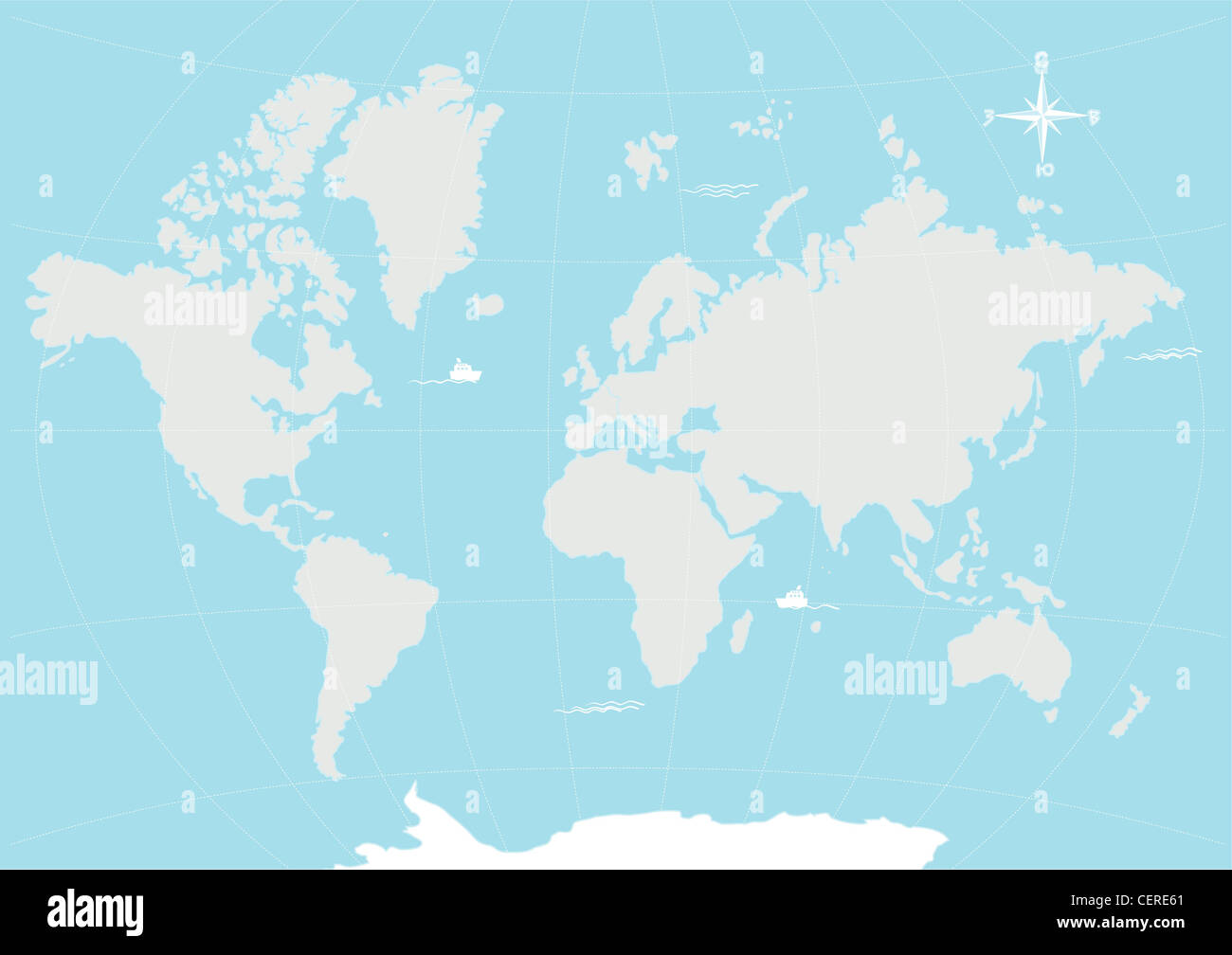 Illustration of world map, in white with blue sea Stock Photo - Alamy
