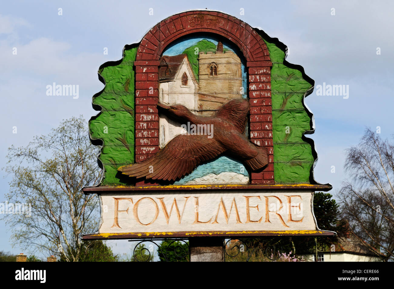 Fowlmere village sign. Stock Photo