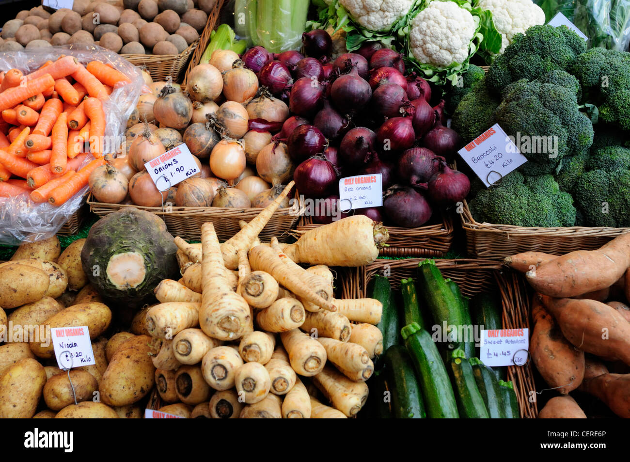Organic vegetables for sale from a stall at Borough Market. Stock Photo