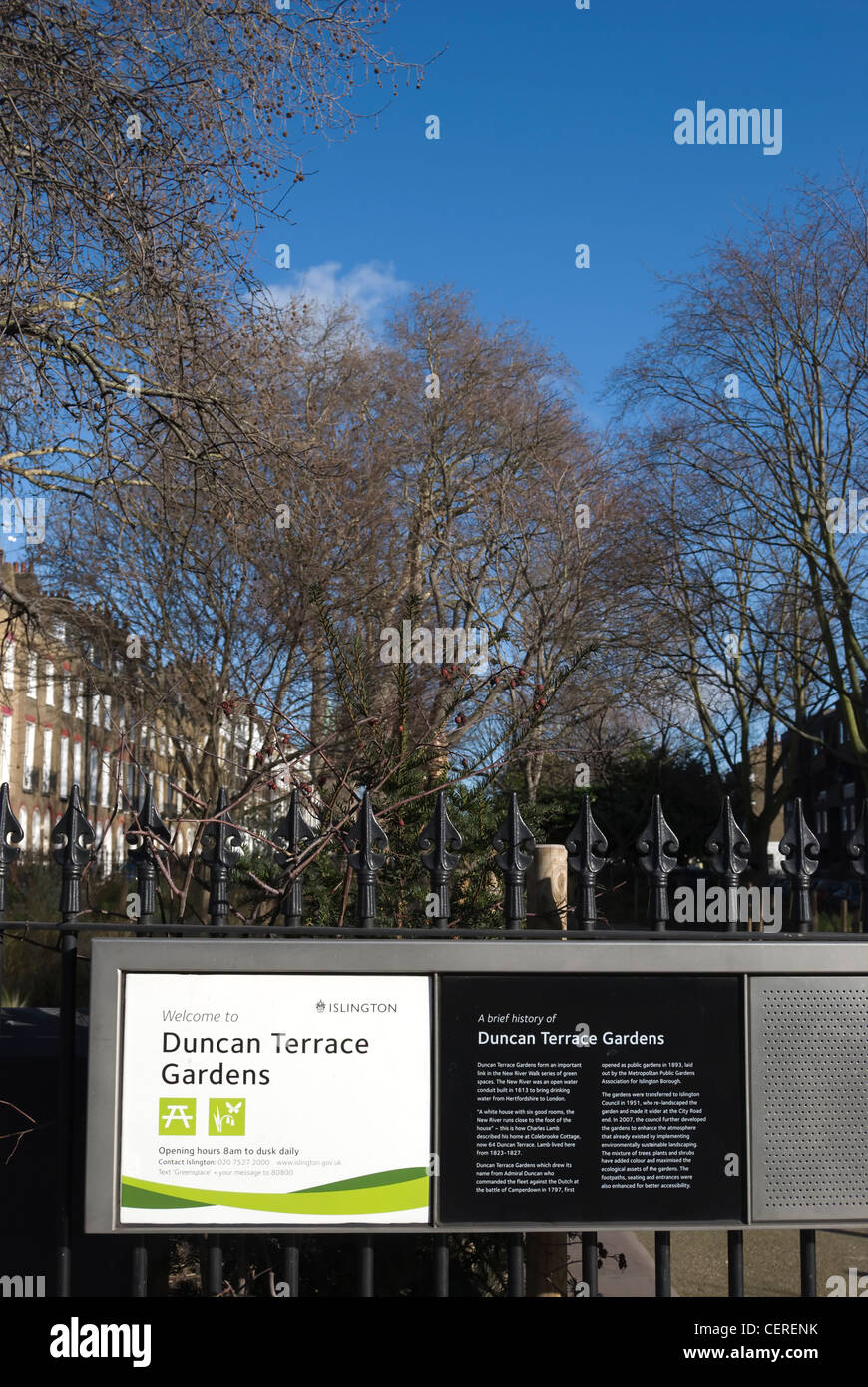 information board at duncan terrace gardens, seen behind railings